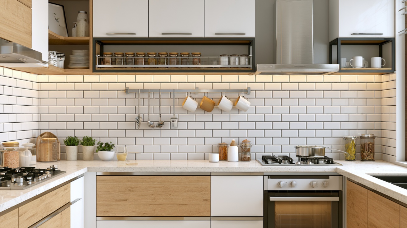Wall-mounted stainless steel kitchen rack above countertop
