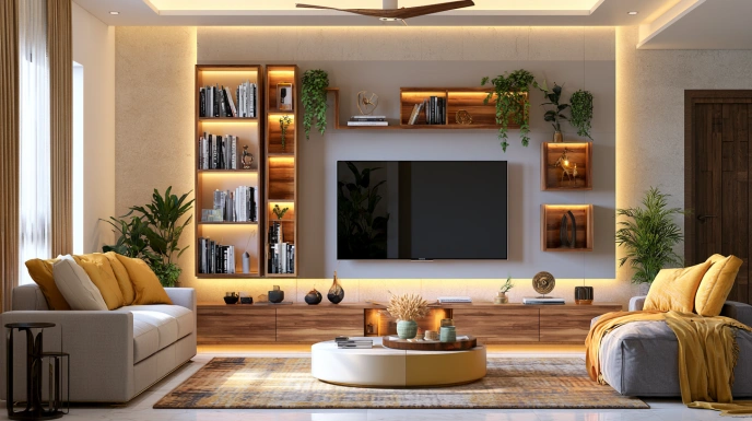 Wall-mounted TV unit with open shelves in a living room