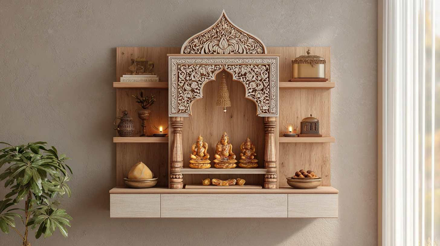 Wall mounted plywood mandir with jaali sides