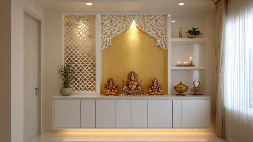 wall-mounted pooja unit with storage for modern home interiors