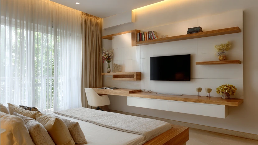wall-mounted tv panel design for bedroom with simple layout
