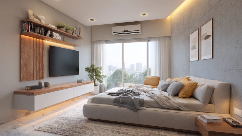 wall-mounted tv panel design for bedroom with compact layout