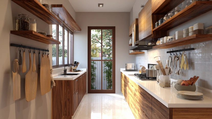 wall-mounted storage units added to a compact l-shaped kitchen