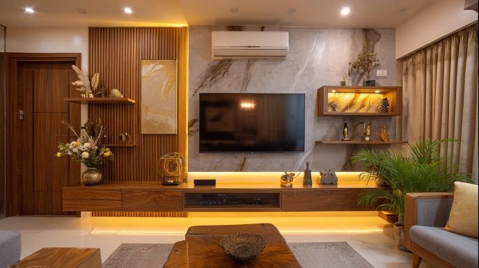 Living room with TV unit and open shelving