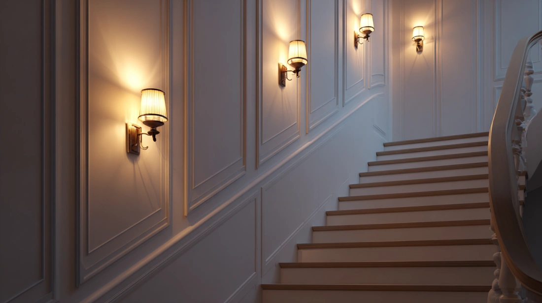 Sleek white rectangular sconces spaced evenly along stairs
