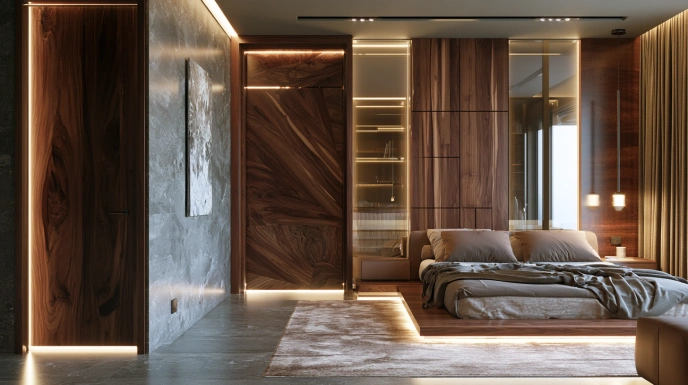 Walnut veneer bedroom door with rich wood grain