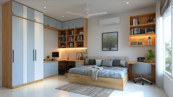 Wardrobe partition with study desk design