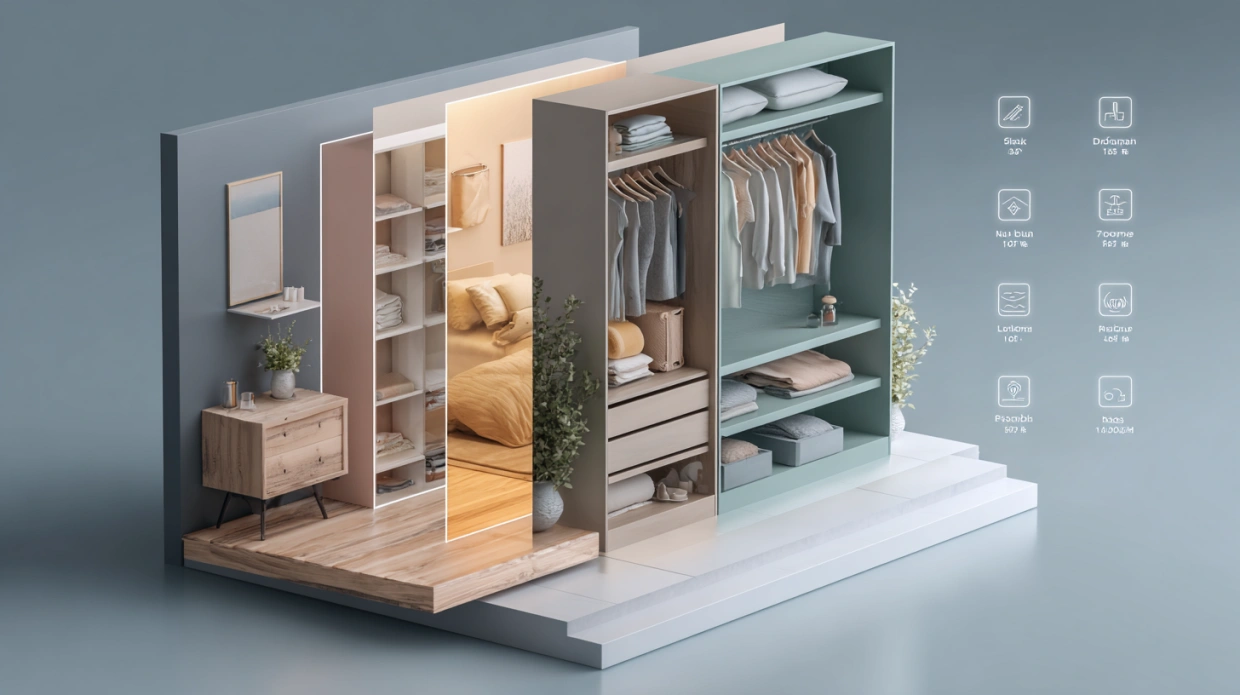 Modular wardrobe price comparison across budget, mid-range, and premium options based on size and cost per square foot.