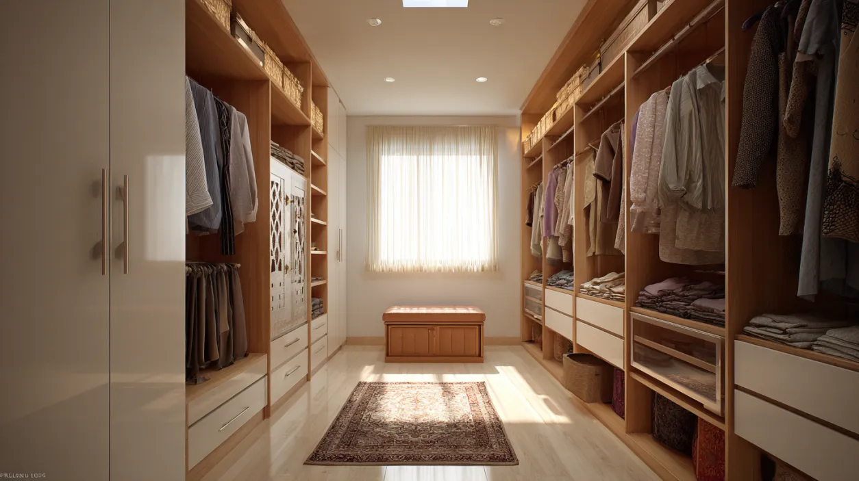 Walk-in wardrobe design with open wooden shelves