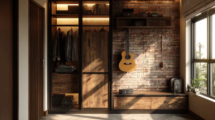 Sliding wardrobe design with a warehouse-inspired look