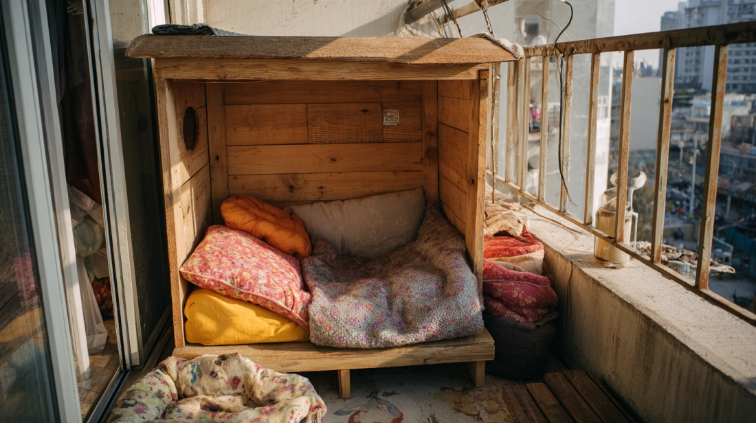 Insulated dog house with blankets on apartment balcony