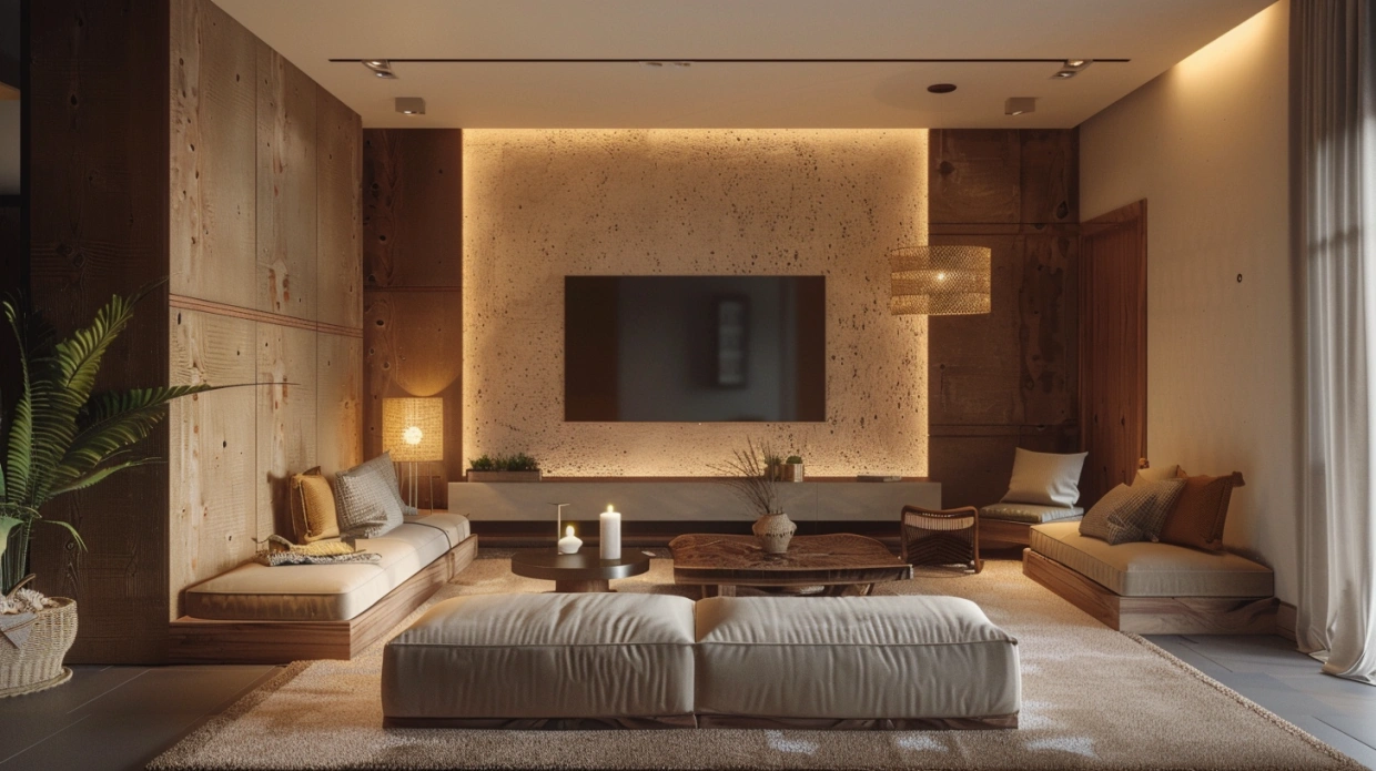 Warm minimalist Indian living room with soft tones