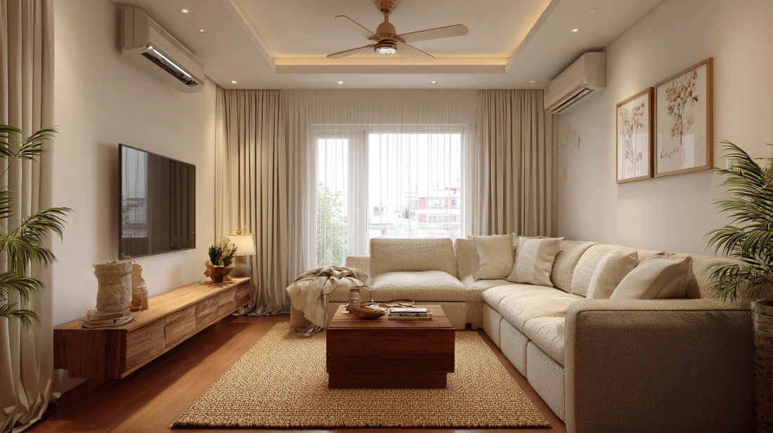 Cream modular sofa facing flat screen television