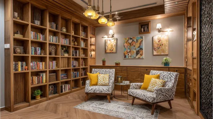 warm wooden home library design nook for indian homes