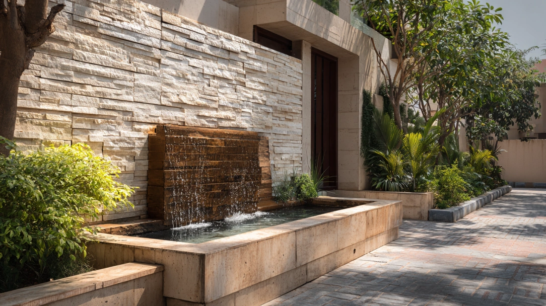 Modern wall-mounted waterfall feature on a stone compound wall