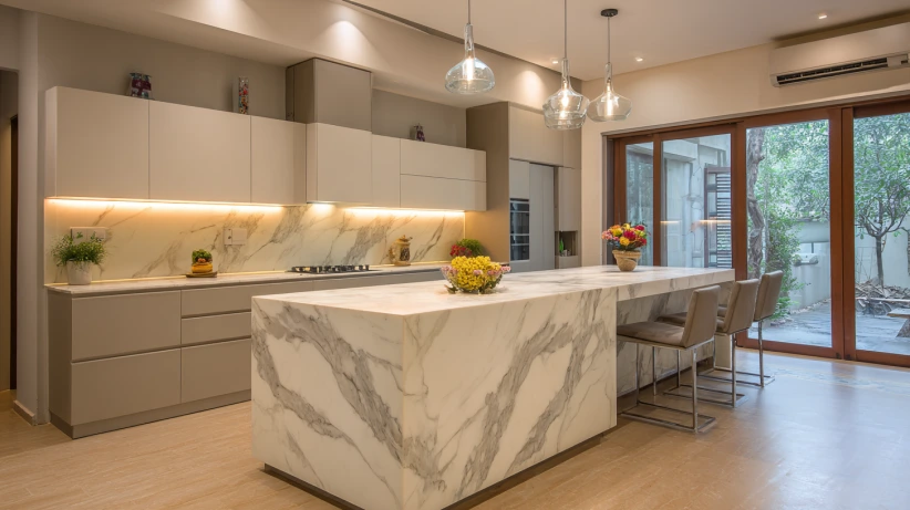 waterfall edge countertop featured in a sleek island kitchen design