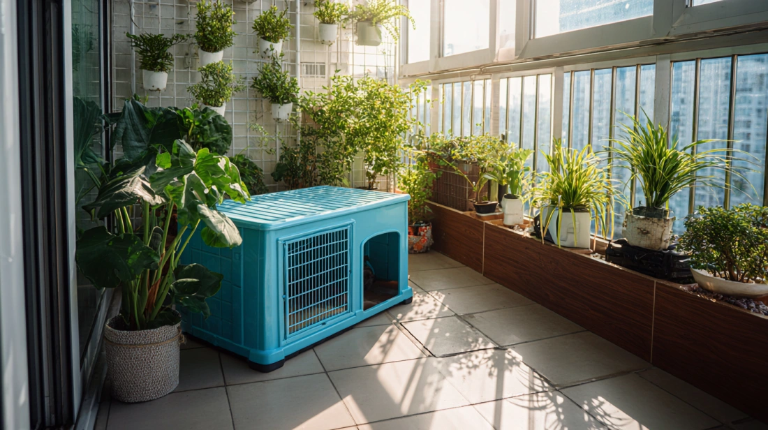 Compact plastic dog house kept on apartment balcony