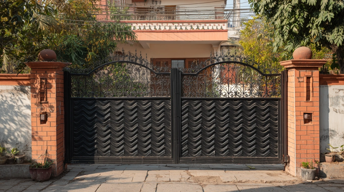 Contemporary gate featuring horizontal iron bars forged into fluid, wave-like shapes