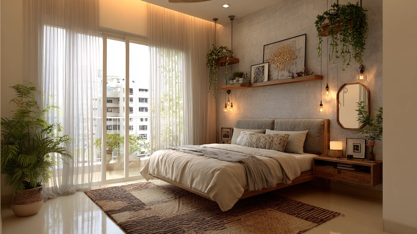 Glass wall bedroom styled with plants lights and soft decor