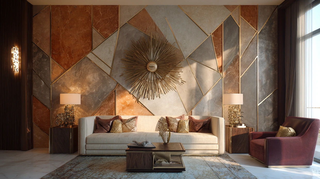 Art Deco living room with green velvet sofa, gold geometric wall, and marble table.