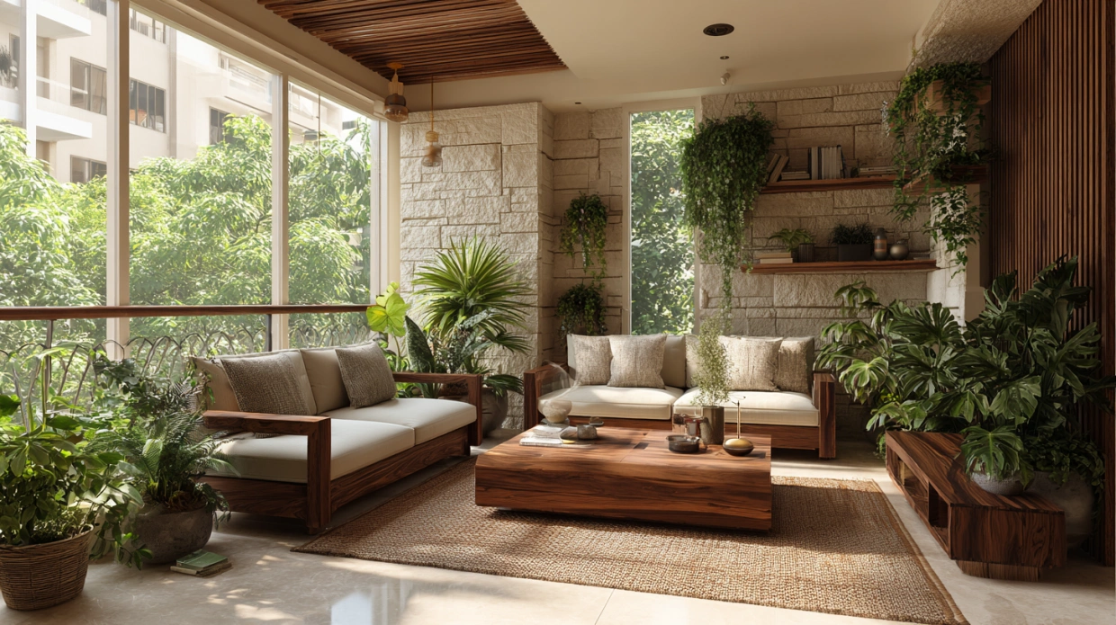 Biophilic interior design elements in living room