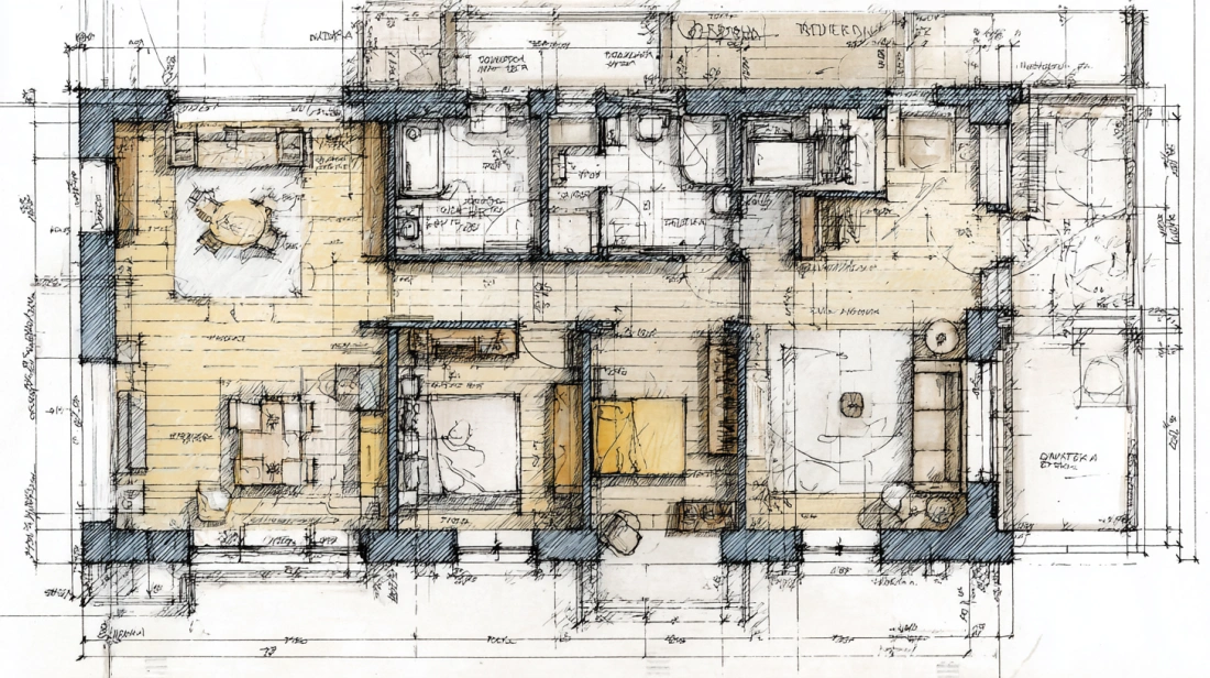 Top-down 2D floor plan with dimensions and room labels