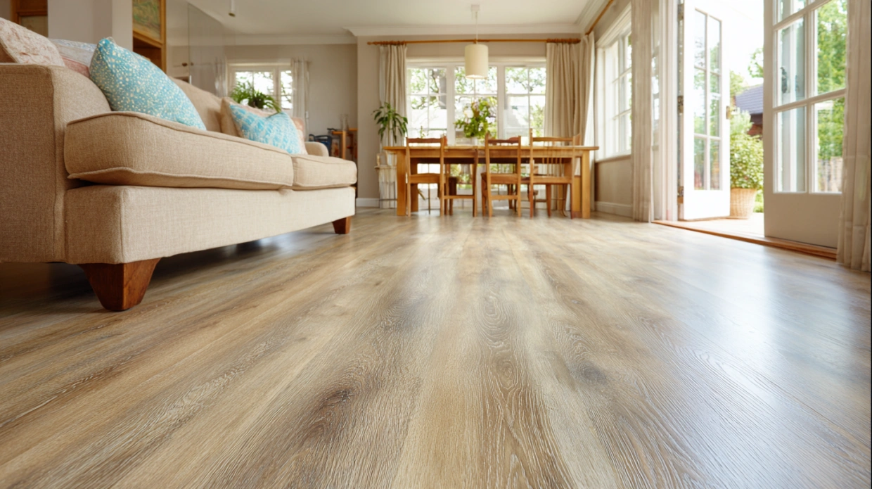 Living room with wood-look vinyl flooring