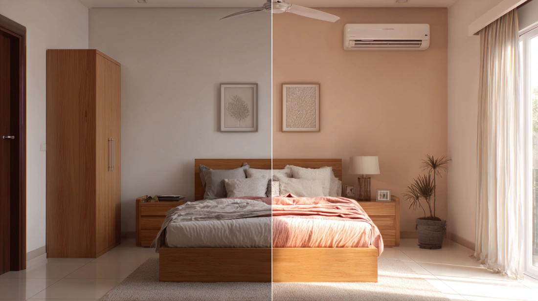 Split image comparing plain and colored walls