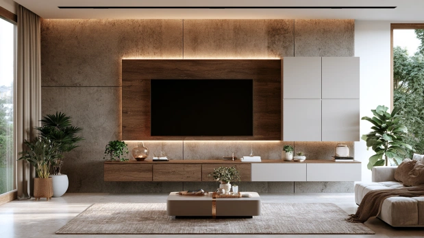 Modern floating TV unit in Indian living room