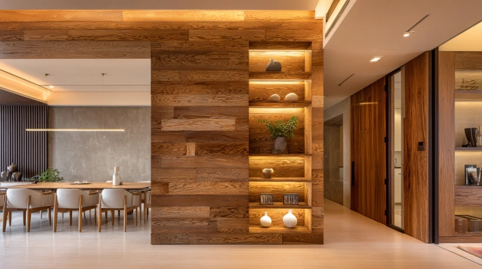 Modern plywood partition in Indian apartment