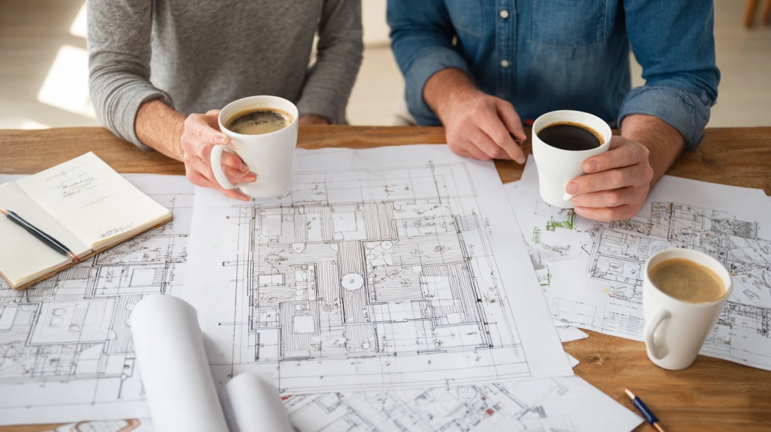 An architect pointing at different room options on a house plan