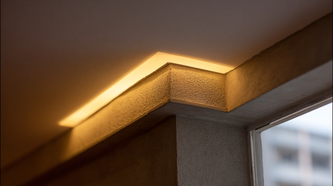 Close-up of concealed LED strip at wall ceiling junction