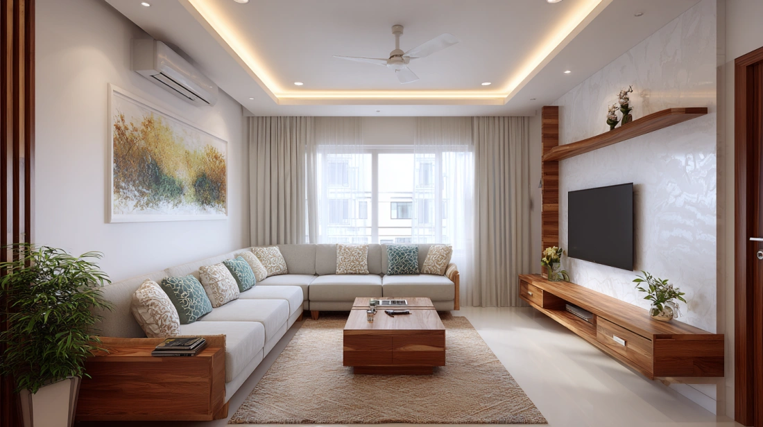 Luxurious living area featuring a beautifully layered plaster ceiling
