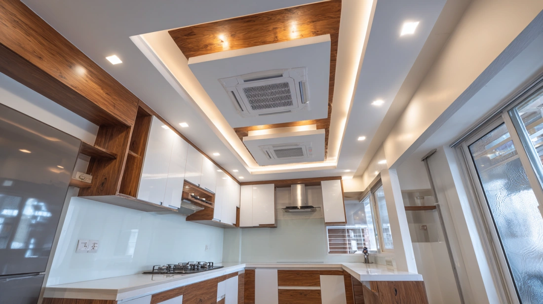 Modern dining room featuring a glossy wood texture ceiling