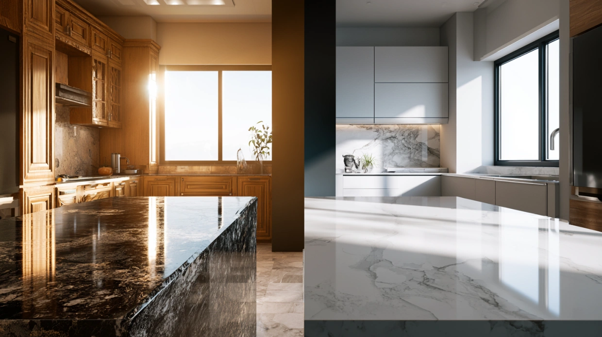 Quartz and granite countertops in a modern Indian kitchen