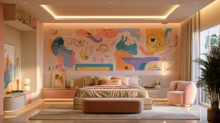 Whimsical wall drawings in a bedroom