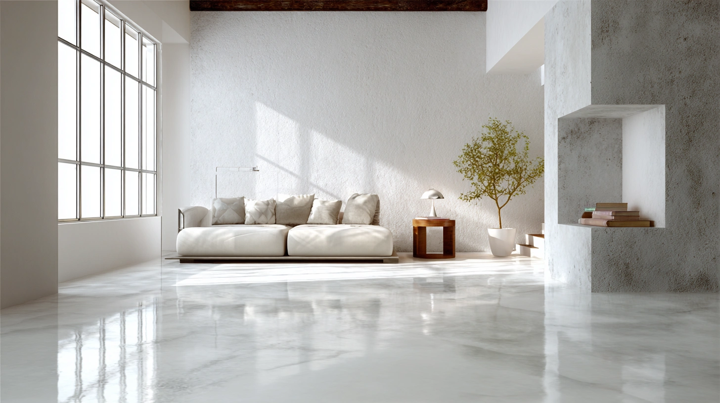 Bright white cement floor with delicate floral patterns