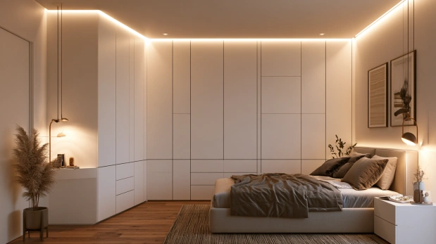 Space-efficient L-shaped white corner wardrobe.