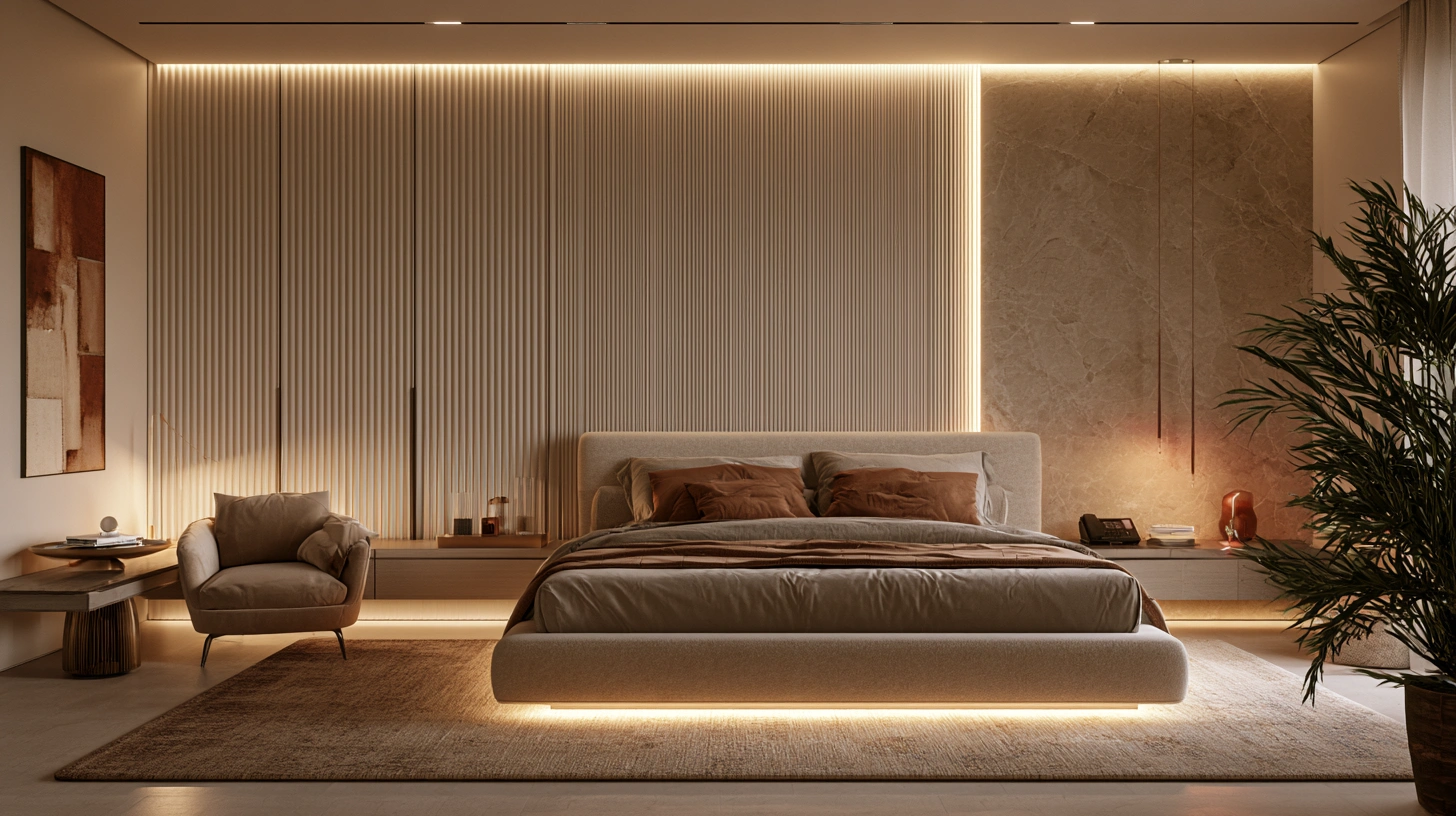 Seamless monochromatic white wardrobe bedroom design.