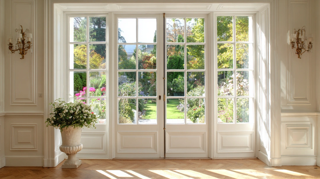 Classic white French door with glass panels garden view
