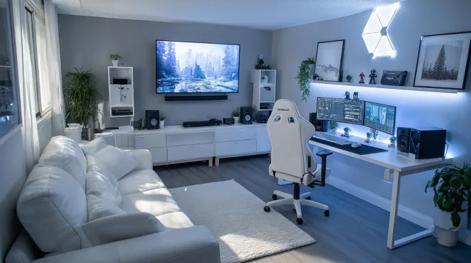 minimalist white gaming room design with large display and seating