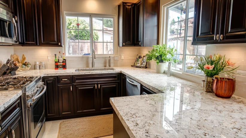 white granite and dark cabinets in a sleek kitchen counter granite design