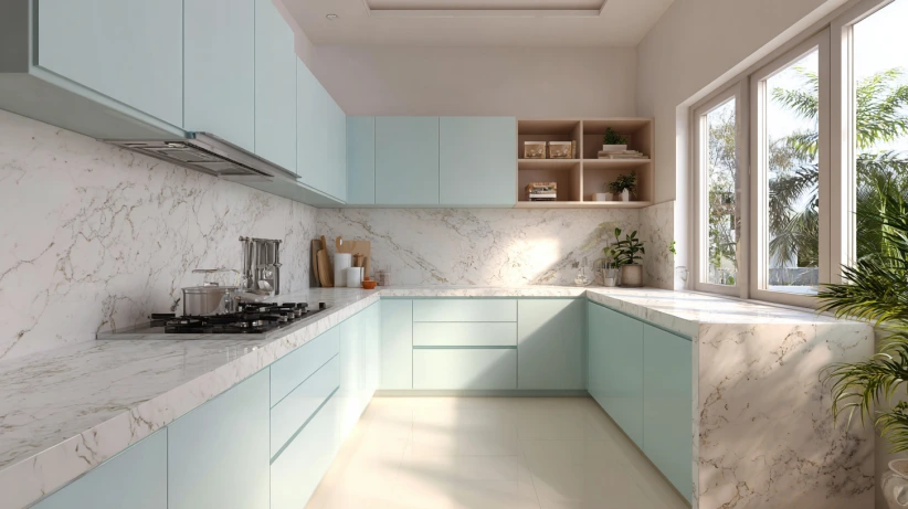 white granite and light blue cabinets in a fresh kitchen counter granite design