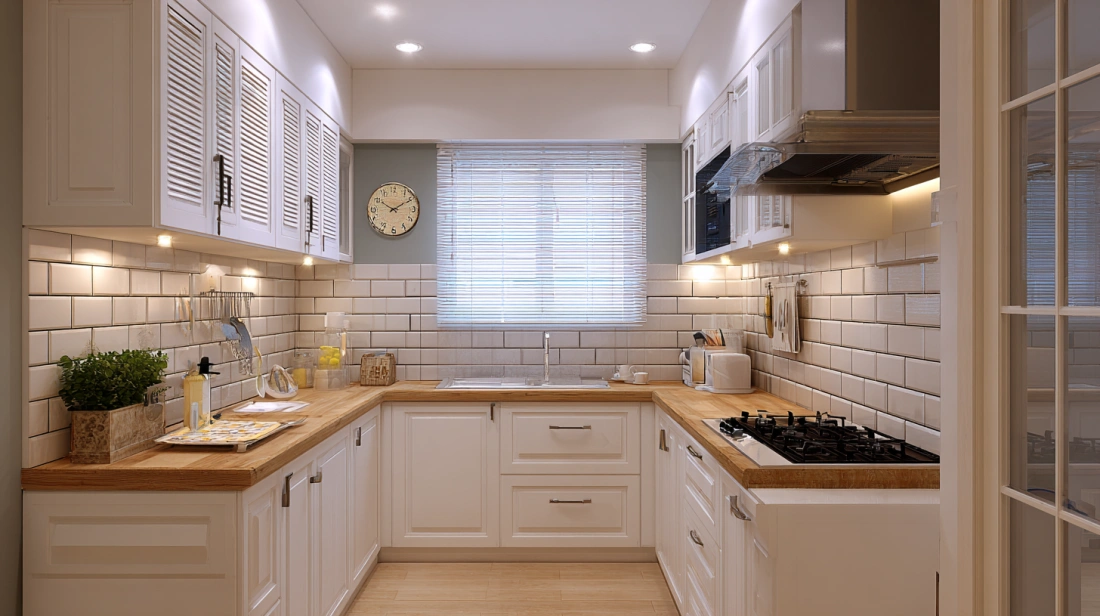 White louvered shutters in airy Indian apartment kitchen space