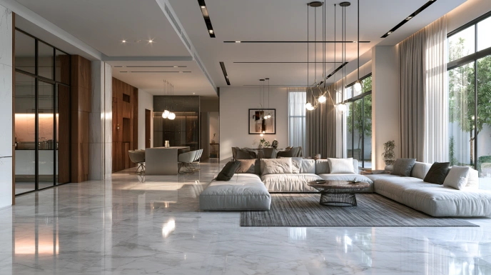 White marble flooring in a modern living room