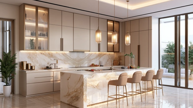 White marble countertop with gold veins