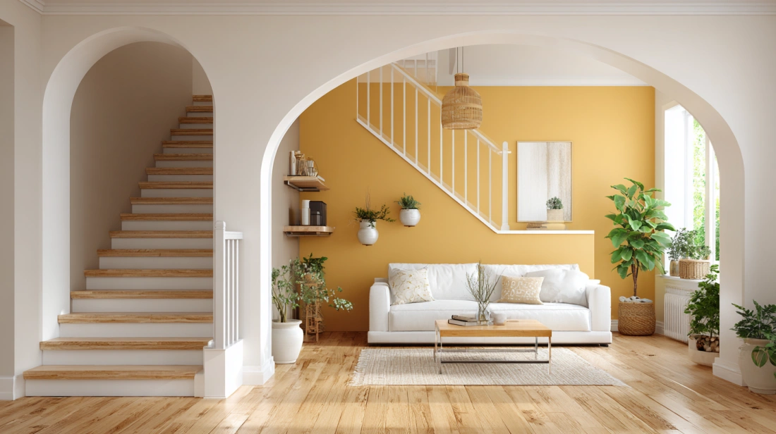 Wide interior view of a room with two decorative arches