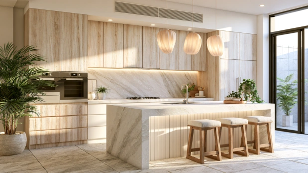 White quartz countertop with waterfall island
