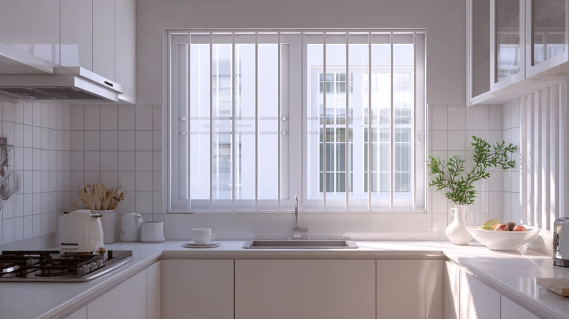 white finish featured in a simple kitchen window grill design