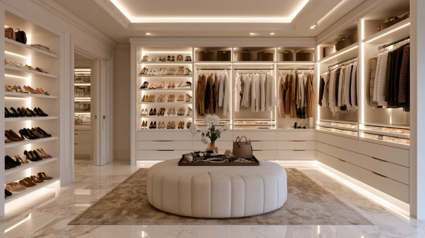 Luxurious white walk-in wardrobe with open shelves